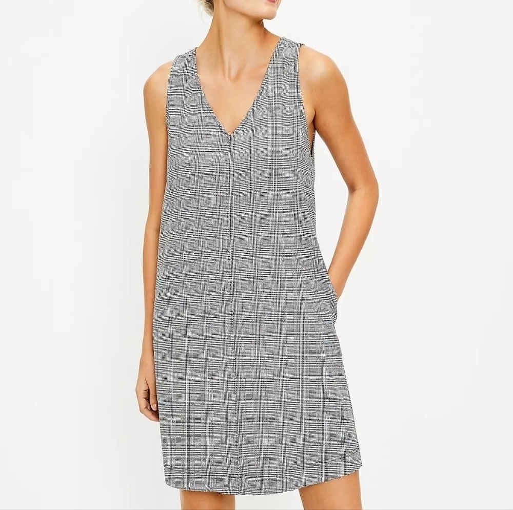 Loft Petite Plaid Double V Pocket Dress, Color Black/White Size SP